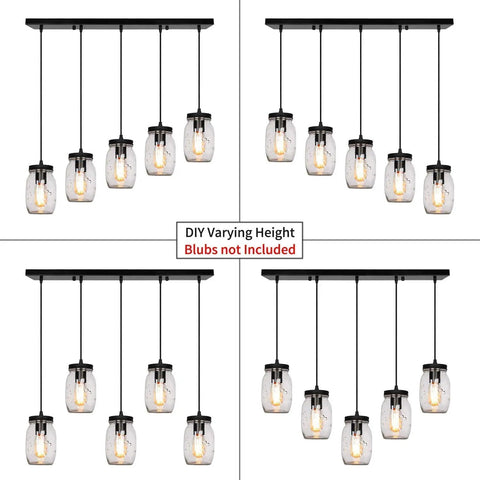 Five Light Glass Mason Jar Pendant Lights Farmhouse Kitchen Island Dining Room, Rustic Adjustable Height Jar Ceiling Fixtures Over Sink
