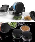 10 Piece Clear Acrylic Makeup Travel Jars With Lids In 0.11 Oz 0.18 Oz 0.35 Oz 0.53 Oz And 0.7 Oz Sizes Plus 5 Mini Spatulas For On The Go Storage And Gift Random Color Set, featuring assorted glitter inside clear containers.