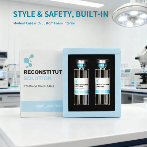 Two 30 mL glass vials labeled Reconstitution Solution in a blue display case with black foam interior.