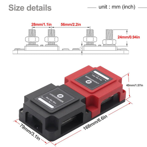 Heavy Duty 400A Power Distribution Block With Rock Solid Tin Plated Copper Bus Bar Featuring Eight M10 3 8 Studs For Straight Forward 12V To 48V DC Wiring Built Like A Tank size details diagram with dimensions