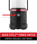 Close-up of Dual Color LED Emergency Light 1250 Lumens, Storm Proof and Outdoor Ready, Power Bank, with Quick-Cycle power switch.