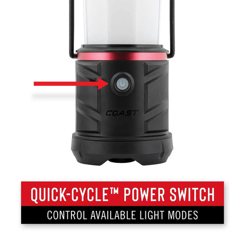 Close-up of Dual Color LED Emergency Light 1250 Lumens, Storm Proof and Outdoor Ready, Power Bank, with Quick-Cycle power switch.