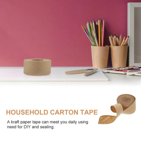 Water Activated Kraft Paper Sealing Tape 4.8 Cm 2 Rolls Waterproof Packaging Tape for carton sealing on desk with pencils.