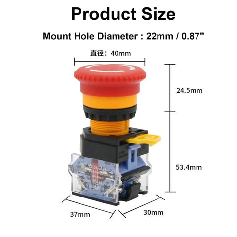Dimensions of Red Mushroom Emergency Stop Push Button Switch 22mm 1 NO 1 NC Latching Panel Mount 440V AC 10A 4 Terminal