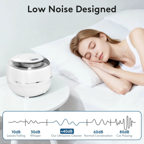 Deep Clean Retainers Night Guards And Braces With 48kHz Ultrasonic Cleaner Pod 220ml Digital Timer For At Home Pro Grade Dental Care Also Safe For Dentures Aligner Toothbrush And Jewelry, low-noise design beside sleeping woman