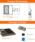 Dusk To Dawn 300W LED Parking Lot Light dimensions and included components like knuckle mounting and photocell sensor.