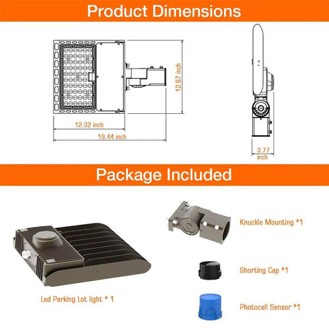 Dusk To Dawn 300W LED Parking Lot Light dimensions and included components like knuckle mounting and photocell sensor.