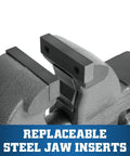 Heavy Duty Pipe And Bench Vise Four And One Half Inch Jaw Width With Six Inch Maximum Opening And Four And Three Fourths Inch Throat Cast Iron Construction Sealed For Longevity And Smooth Operation With Precision Front Jaw Slide, replaceable steel jaw inserts