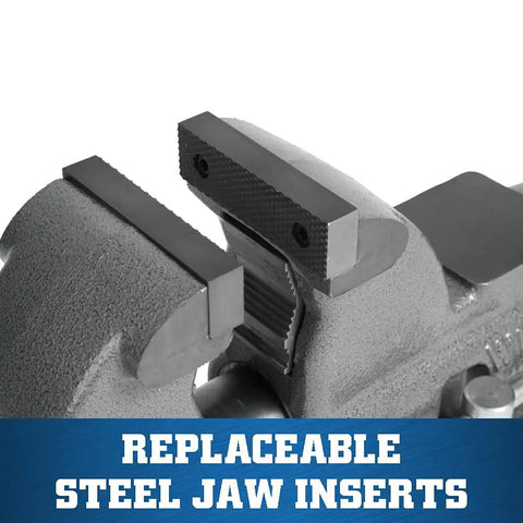 Heavy Duty Pipe And Bench Vise Four And One Half Inch Jaw Width With Six Inch Maximum Opening And Four And Three Fourths Inch Throat Cast Iron Construction Sealed For Longevity And Smooth Operation With Precision Front Jaw Slide, replaceable steel jaw inserts