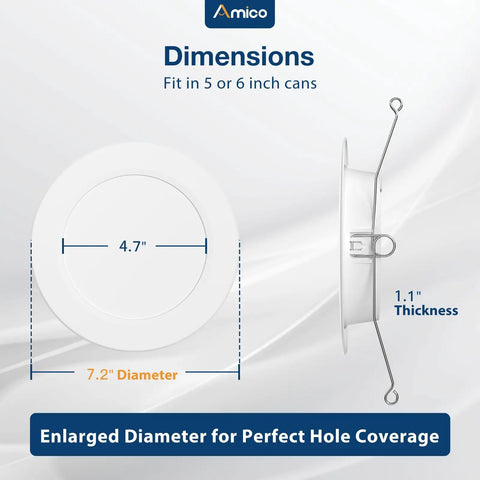 Dimensions of Premium Recessed Lighting Fits 5 Or 6 Inch Cans Flat Led Can Lights, 7.2 inch diameter, 1.1 inch thickness.