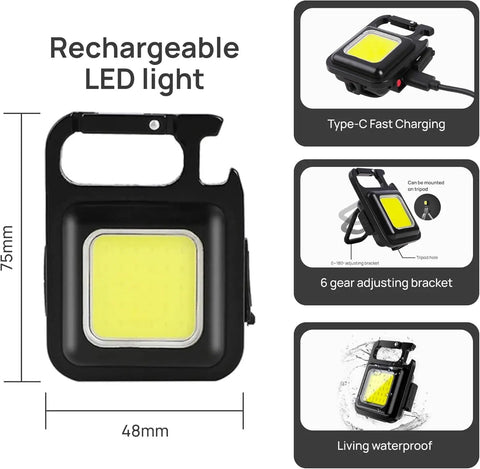 All In One Bike Repair Kit With Pump And LED Light showing rechargeable LED light details with dimensions and tripod mount.