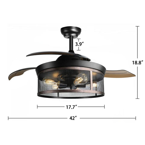 Old School 42 Inch Vintage Caged Industrial Ceiling Fan With Lights Remote Control Low Profile Retractable Blades Flush Mount Fandelier