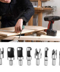 Top Shelf Carbon Steel Wood Plug Cutter Set Featuring Straight And Tapered Bits From Quarter To Five Eighth Inches For Quicker Screw Hole Patching, displayed with a drill.