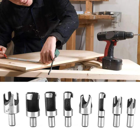 Top Shelf Carbon Steel Wood Plug Cutter Set Featuring Straight And Tapered Bits From Quarter To Five Eighth Inches For Quicker Screw Hole Patching, displayed with a drill.
