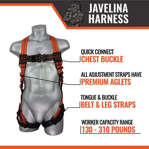 Javelina Fall Protection Safety Harness for Construction Pros with tongue and buckle leg straps on a display mannequin