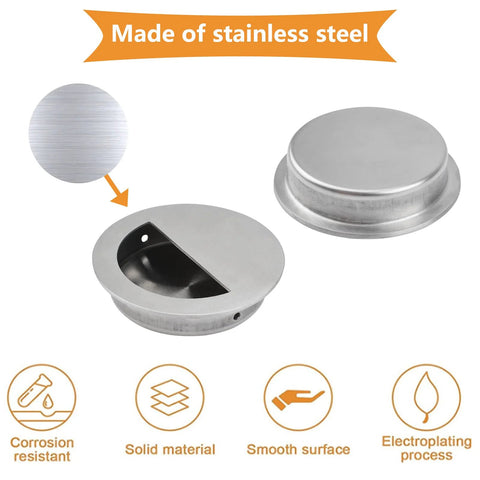 Close-up of Hidden Concealed Recessed Sliding Door Pull Handles Pack Of 2 In Brushed Stainless Steel Round Flush Door Knob with features.