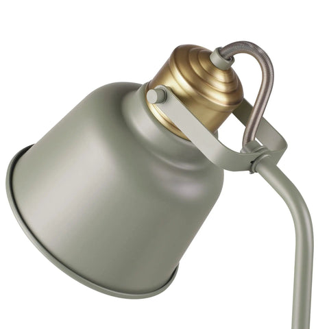 Close-up of Lofty Industrial 18 Inch Desk Lamp with 2.1 USB Port in matte sage green and brass accents, push button on off.