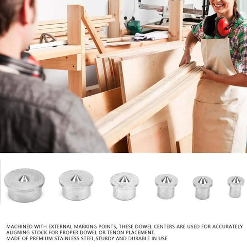Six Piece Heavy Duty Dowel And Tenon Center Set For Woodworking In Stainless Steel With 4mm To 12mm Dowel Centers displayed with planks