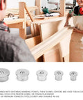 6 Piece Premium Stainless Steel Dowel and Tenon Center Points Pins for woodworking projects displayed with workshop tools.