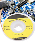 Pro Grade Copper Solder Wick Braid Desoldering Wire 1.5m 3.0mm High Absorption Fast Heat Transfer For PCB Motherboard And Phone Repair Premium Quality Desoldering Solution spool and close-up PCB application