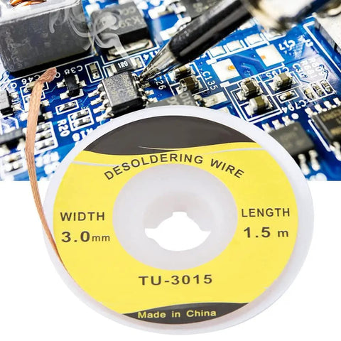 Desoldering Solder Wick Braid 3.0mm Wide by 1.5m Long For PCB And Motherboard Repair, spool and wire in use on circuit board