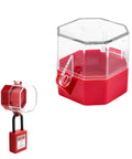Emergency Stop Button Cover Push Switch Protector Guard for Power Lockout Covers to Prevent Turning Off Lights and Computers, red base with clear hexagonal plastic view.