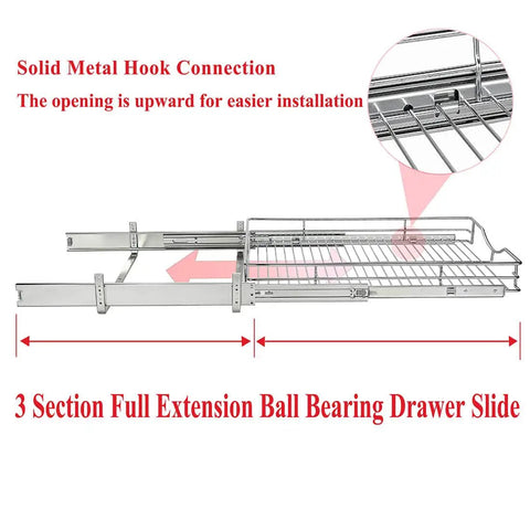 Top Notch Heavy Duty Pull Out Cabinet Organizer One Tier Smooth Glide Chrome Wire Drawer Shelf showing solid metal hook connection.