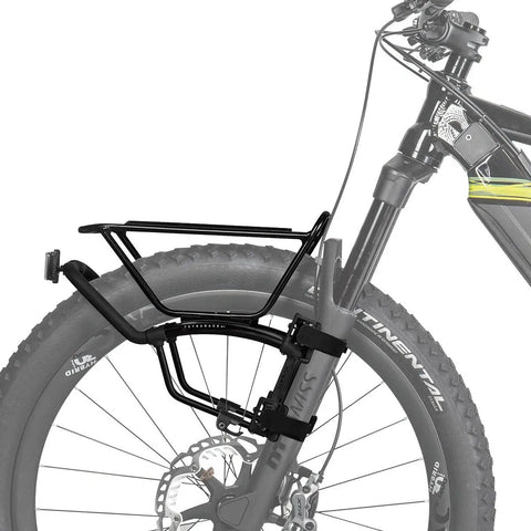 TetraRack M1 Fork Mount Rack For Bikes, Adjustable Top Plate Keeps Loads Level, visible on front fork with hook-and-loop strap attachment.