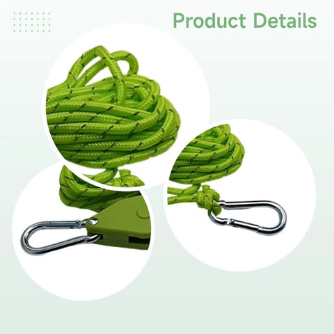Reflective Green Rope Ratchet Tie Downs Four Pack With Metal Hooks And Pulley Tightener, close-up of hooks and rope detail