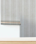 Straight Up Gorgeous Beige Stripe Wallpaper With A Sleek Neutral Silver Metallic Sheen And Cozy Fibrous Texture For That Perfect Modern Lounge Vibe Eco Friendly Pvc Free Wallcovering in a stylish interior.