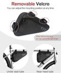 Water Resistant Bike Frame Bag And Under Seat Triangle Pouch For Mountain And Road Bikes showing removable Velcro straps