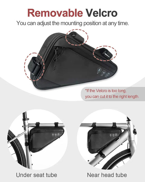 Water Resistant Bike Frame Bag And Under Seat Triangle Pouch For Mountain And Road Bikes showing removable Velcro straps