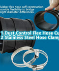 2-1/2 Inch Dust Control Flex Cuff With Hose Connector Ports And 2 Stainless Steel Clamps, shown in black with two clamps