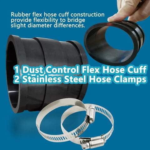 2-1/2 Inch Dust Control Flex Cuff With Hose Connector Ports And 2 Stainless Steel Clamps, shown in black with two clamps