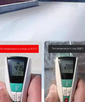 Temperature comparison showing 41.5°C and 28.8°C on infrared thermometer; roof inspection with Heavy Duty Self Adhesive Roof Repair Tape.