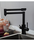 GAZOGJ Faucet, Brass Brushed Kitchen Folding Faucet with Pure Water Cold Hot Kitchen Modern Drinking Water 3 Way Filtered Faucet Mixer,Brushed with Hose-D, pouring water into a glass.