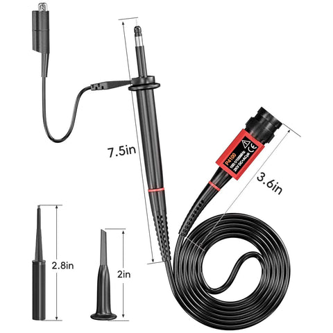 High Voltage Oscilloscope Probe P4100 Pro Grade Kit with cable, tips, and measurements displayed, 100 MHz, 2000 V, 100:1 attenuation