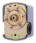 Pumptrol 30-50 psi water pressure switch for well pump, front view with gray housing and gold-toned mounting plate