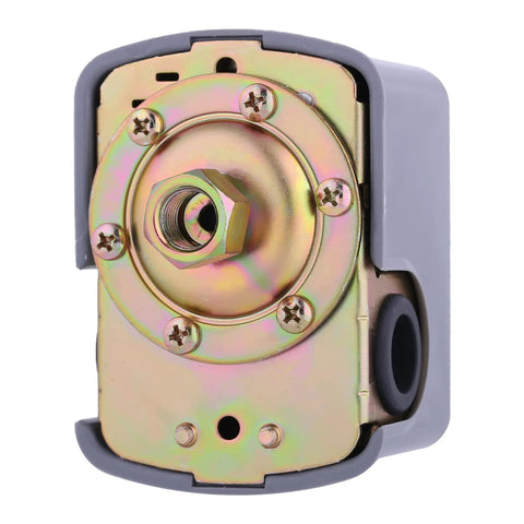Pumptrol 30-50 psi water pressure switch for well pump, front view with gray housing and gold-toned mounting plate