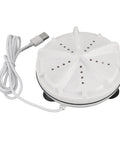 Compact Portable Mini Washer With USB Powered Slick Spiral Wash Tech Perfect For Dorms And Camping, small white device with USB cable.