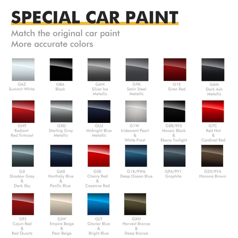 Chart showing various car paint colors, including GMC Black GBA, for special car paint matching.