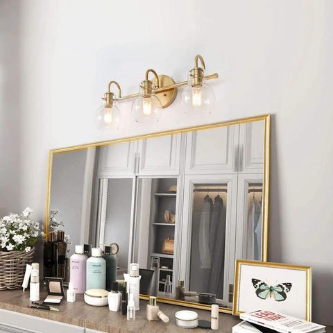 Gold 3 Light Vanity Light Fixture Over Mirror With Globe Clear Glass Shades for Bathroom Bedroom Kitchen Powder Room