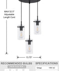 Awesome Industrial Style 3-Light Pendant For Kitchen Island Black Fixture With Clear Glass Shades, size and specs shown.