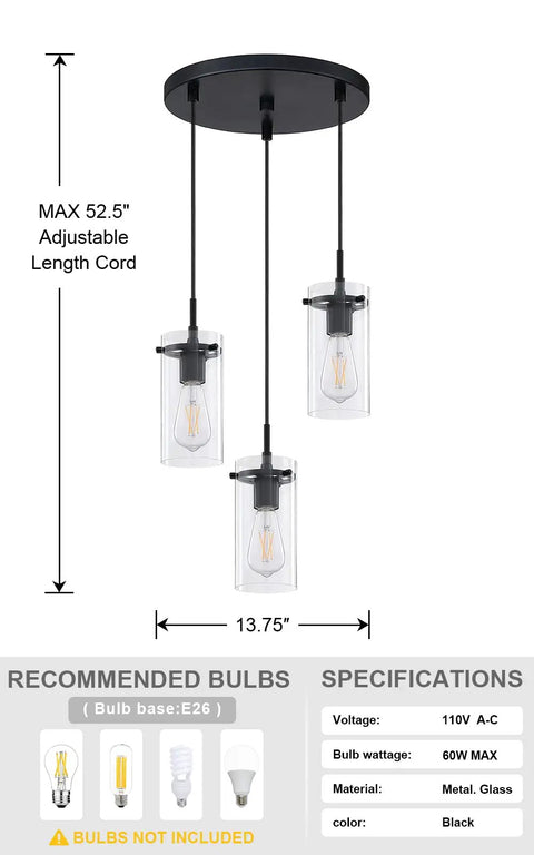 Awesome Industrial Style 3-Light Pendant For Kitchen Island Black Fixture With Clear Glass Shades, size and specs shown.