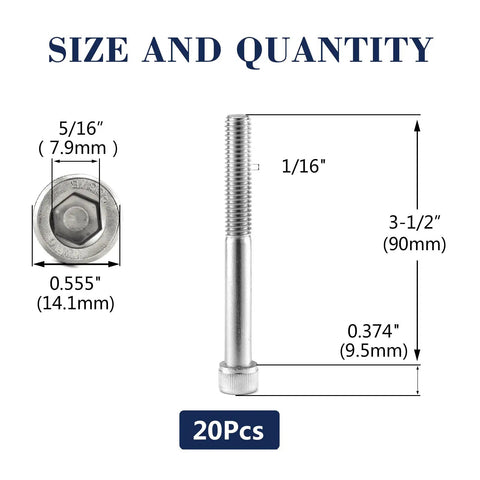 20 Pack 3/8 16 By 3 1/2 Inch Socket Head Cap Screws Built Top Notch From 304 Stainless Steel For Tough Jobs showing size dimensions and hex drive.