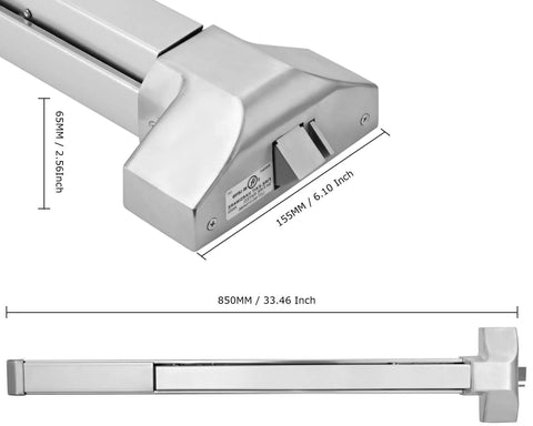 Job Site Ready 304 Stainless Steel Push Bar Panic Exit Device With Exterior Lever Handle UL10C Ansi Grade 1 Certified Commercial Emergency Door Hardware, close-up view showing dimensions.
