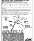 Diagram showing assembly instructions for auger style ground anchor kit for backyard swing sets trampolines and yard furniture 4 pack no concrete needed 12 and three quarters inch each all hardware included easy assembly keeps outdoor gear steady against strong winds.