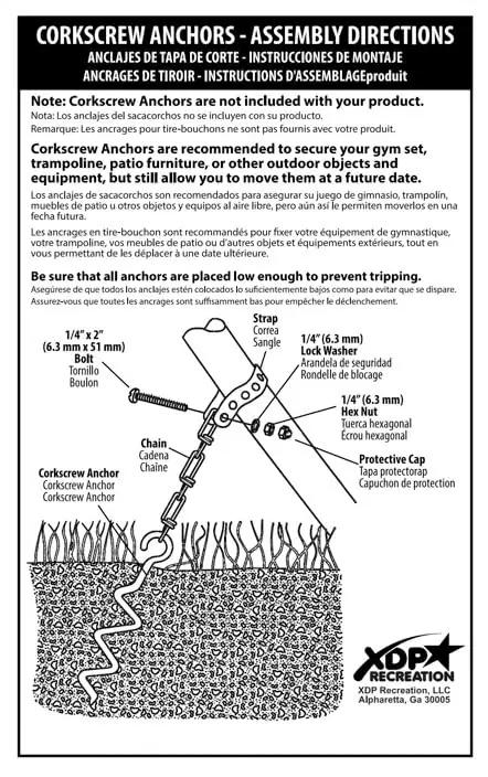 Diagram showing assembly instructions for auger style ground anchor kit for backyard swing sets trampolines and yard furniture 4 pack no concrete needed 12 and three quarters inch each all hardware included easy assembly keeps outdoor gear steady against strong winds.
