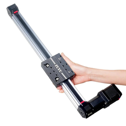 Hand holding FPB30 Linear Guide Belt Drive Module For CNC with Nema 17 Stepper Motor, 600mm stroke, 30mm wide aluminum profile