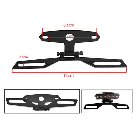 Ride Ready Foldable Aluminum Plate Holder For Motorcycle With Rear Light Bracket Universal Mount Easy Install Direct Replacement For Damaged Plate Sleek Low Profile Plate Mounting Accessory showing dimensions